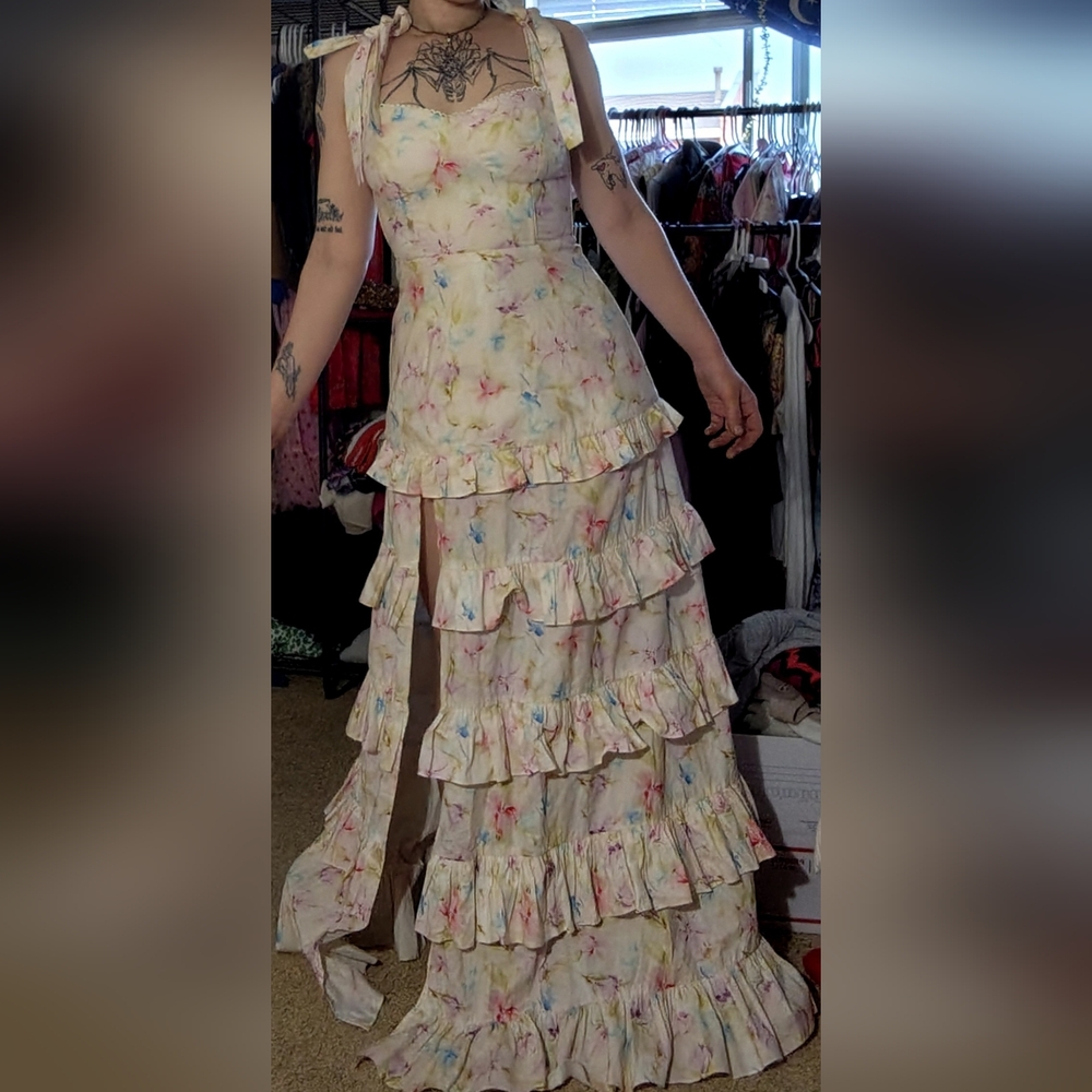 Floral Ruffle Tiered Maxi Dress with Bow Tie Straps